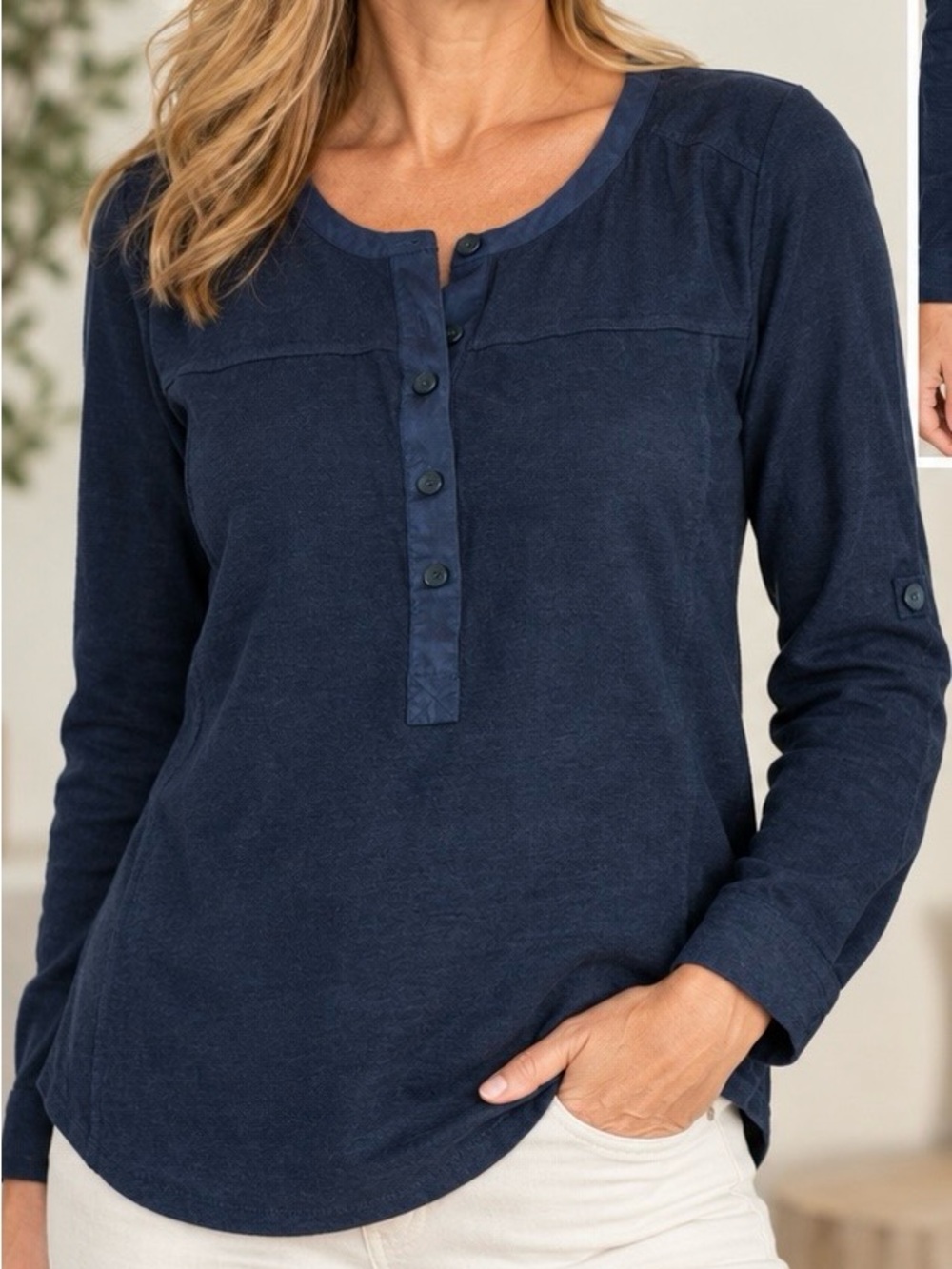 VINCE NAVY BLUE 100% LINEN SILK TRIM HENLEY TOP  SIZE S